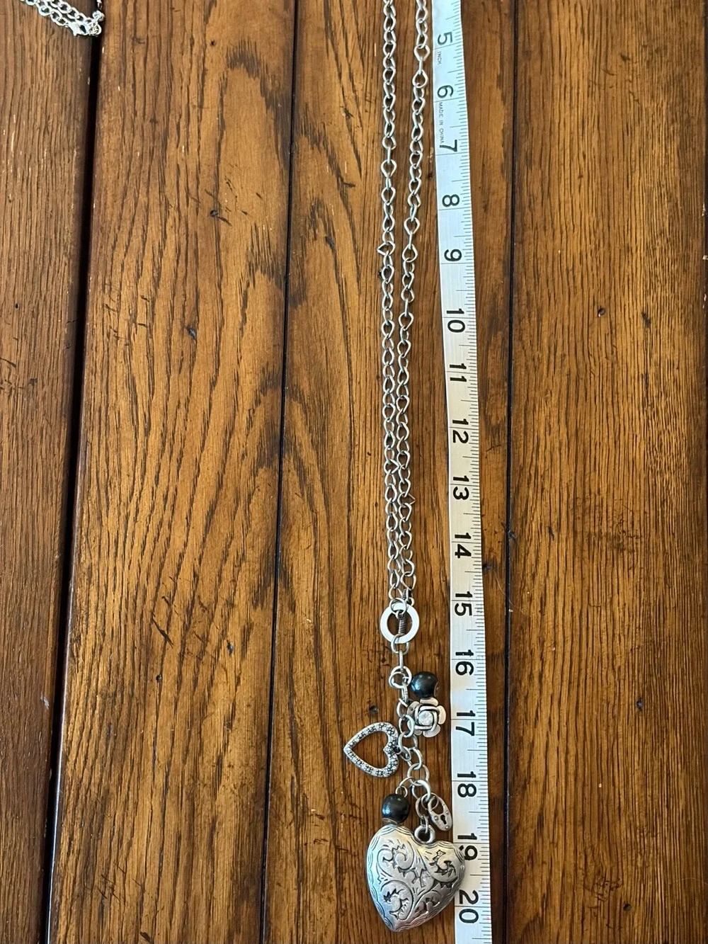 Vintage Boho Silver Engraved Cluster Heart Charm Long Lariat Pendant Necklace